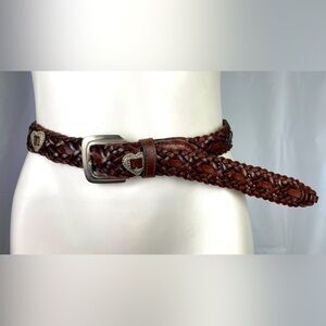 Vintage Donna Katz Brown Leather Brass Braided Woven Silver Heart Boho Belt M